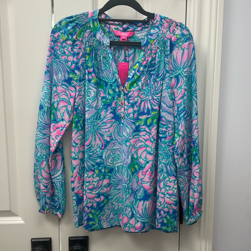 Lilly Pulitzer ELSA SILK TOP In Full Bloom Pink Blue Lilac Blouse XS NWT